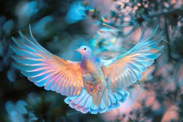 Obraz premium A holographic bird in flight, with wings that shimmer and change colors. 