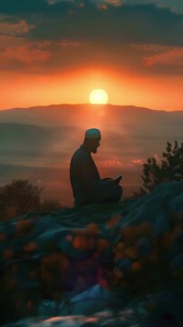 Video vertical recreation of muslim man reading the Quran in a hill with the sundown