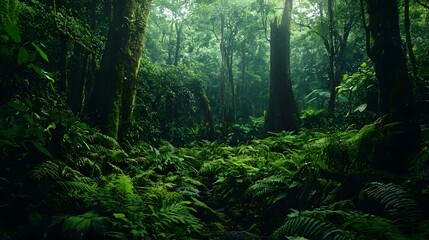 Lush green rainforest with large trees and sunlight filtering through the canopy. A Jurassic Park-Inspired.