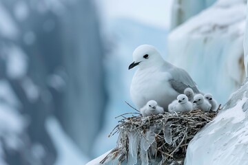 A mother bird with her chicks in a nest on a snow-covered mountain.