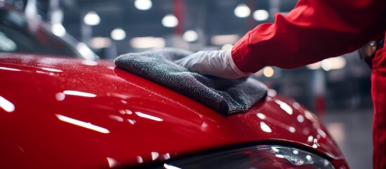 A professional car detailer cleaning the hood of an expensive red car with microfiber cloth.