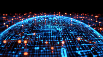 A digital globe illuminated with blue lines and glowing orange nodes representing connectivity in a high-tech environment