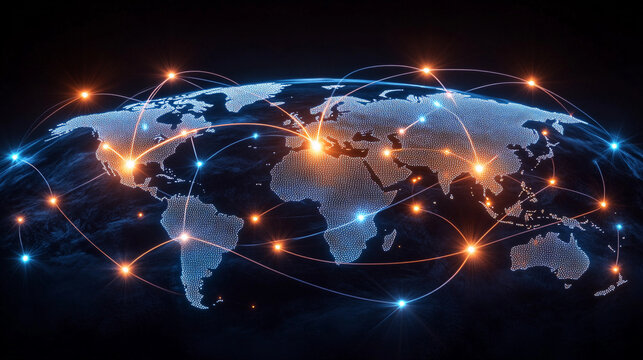 A global map shows illuminated connections between cities, emphasizing the concept of worldwide digital connectivity and interaction