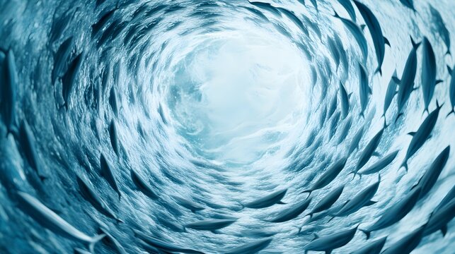 Underwater scene, a swirling mass of fish evading dolphins, their tight-packed bodies creating mesmerizing fluid shapes