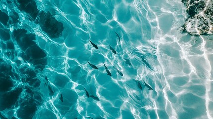 Close-up of a compact formation of fish navigating clear tropical waters, surrounded by intricate coral structures, capturing natural harmony