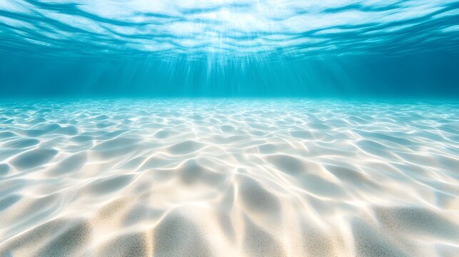 Underwater scene with schools of fish swimming over a sandy bottom, their paths leaving distinct patterns in the sand, tranquil and harmonious