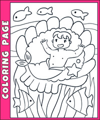 New born pretty mermaid cartoon illustration for coloring book, funny baby mermaid plays with fishes vector drawing for coloring page for children, cute character from fairy tales