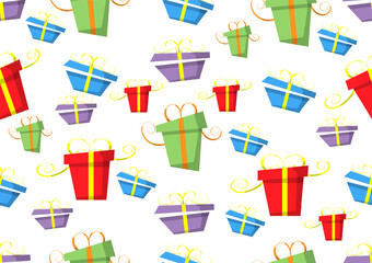 Red, green, purple and blue gift box seamless pattern on a white background. For cards, frames, posters, book covers, textiles, wallpaper, wrapping and fabric.