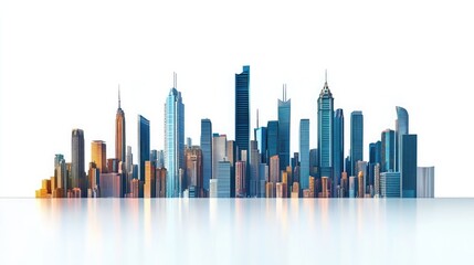 An isolated skyline of a modern city with tall buildings reflecting on a white surface.