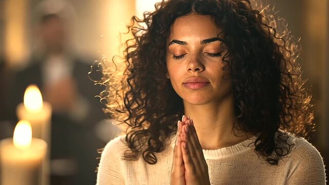 Young Latin woman in prayer inside a church, embodying Christian faith and spiritual devotion.mp4
