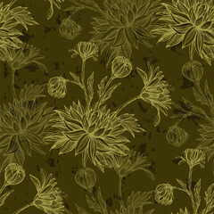 Chrysanthemum plants pattern illustration poster background. Dalhia Seamless Vector Pattern Ink Drawing. Flower pattern wallpaper textile vintage floral blossom spring illustration background seamless
