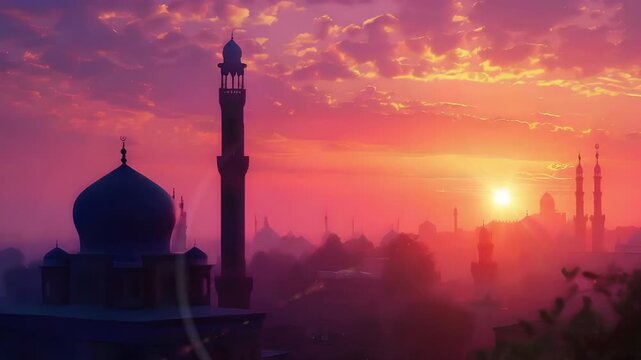 Video recreation of a big mosque with minaret in a muslim city at sunset	
