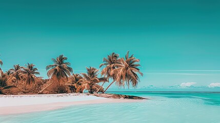 Fototapeta premium gentle waves, sandy beach, palm trees, mountain range in the distance, birds flying. tranquil setting, focus on blue elements
