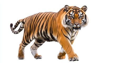 Obraz premium A majestic Bengal tiger walks forward with its powerful paws on a white background.