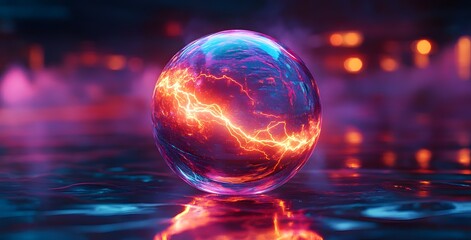 Surrealism, a glass sphere with neon electric lightning inside.