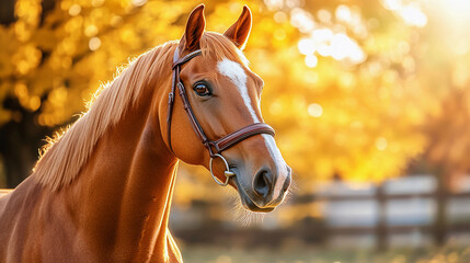 A chestnut horse gazes peacefully, surrounded by vibrant autumn colors as sunlight filters through the leaves