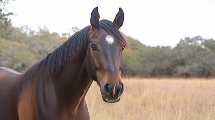 A brown horse with a white star on its forehead gazes softly at the camera while surrounded by tall grass in a tranquil setting