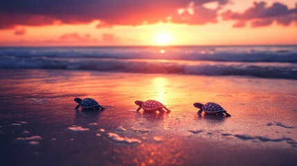 Three turtles crawling on a beach at sunset.