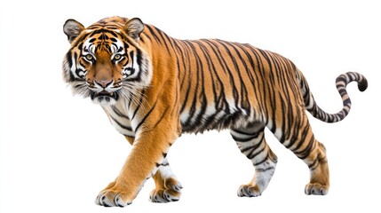 Obraz premium A majestic Bengal tiger with its stripes and fur in detail, walking towards the camera, isolated on a white background.
