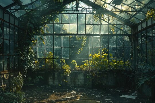 An overgrown greenhouse with a brick wall, sunlight streaming through the broken glass panes, and lush greenery.