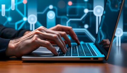 A person's hands typing on a laptop keyboard in a dimly lit room with abstract geometric shapes in the background