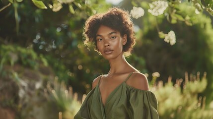 Naklejka premium Eco Chic Fashion Model in Organic Linen Dress Amid Natural Scenery