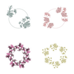 Chrysanthemum Flower circle frame. Hand drawn round line border, leaves and flowers, wedding invitation and cards, logo design and posters template. Elegant minimal style floral vector isolated 