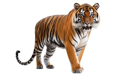 Fototapeta premium A majestic tiger with orange and black stripes stands on a white background, looking directly at the camera.
