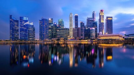 Obraz premium City skyline reflecting on a tranquil body of water during twilight.