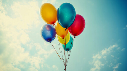 A cluster of vibrant balloons drifts upward in a bright blue sky filled with light clouds, creating a joyful scene