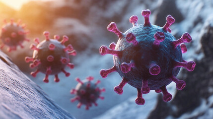 Coronavirus particles are depicted in detail, showcasing their unique structure and behavior as they interact with surfaces at sunset