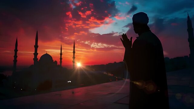 Video recreation of a muslim man together a mosque watching the sunset
