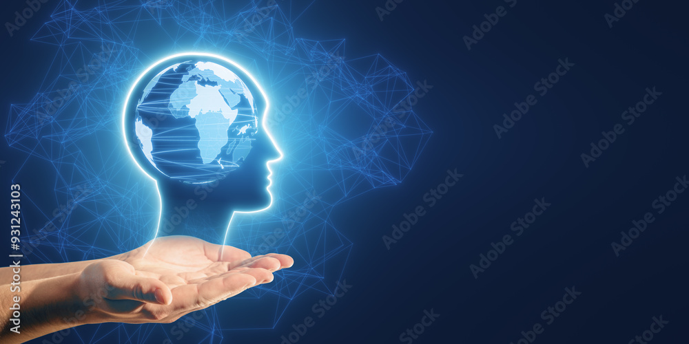 Poster close up of businessman hands holding glowing blue world map inside polygonal head outline hologram 