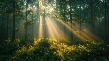 Obraz premium Misty Forest Dawn, a serene morning scene where soft fog envelops towering trees, gentle sunlight streams through the foliage, creating a tranquil and enchanting atmosphere.