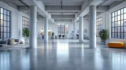 Minimalist Office Serenity, an elegant workspace featuring streamlined furniture, an airy atmosphere enhanced by abundant natural light, promoting focus and creativity.