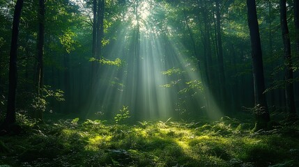 Fototapeta premium Misty forest morning, dense woods enveloped in fog, soft rays of sunlight streaming through towering trees, creating an enchanting and tranquil atmosphere.