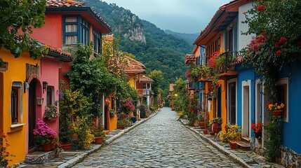 Fototapeta premium Charming European Village, vibrant houses lining cobblestone streets, quaint architecture, inviting atmosphere, a blend of history and culture, perfect for leisurely strolls and exploration