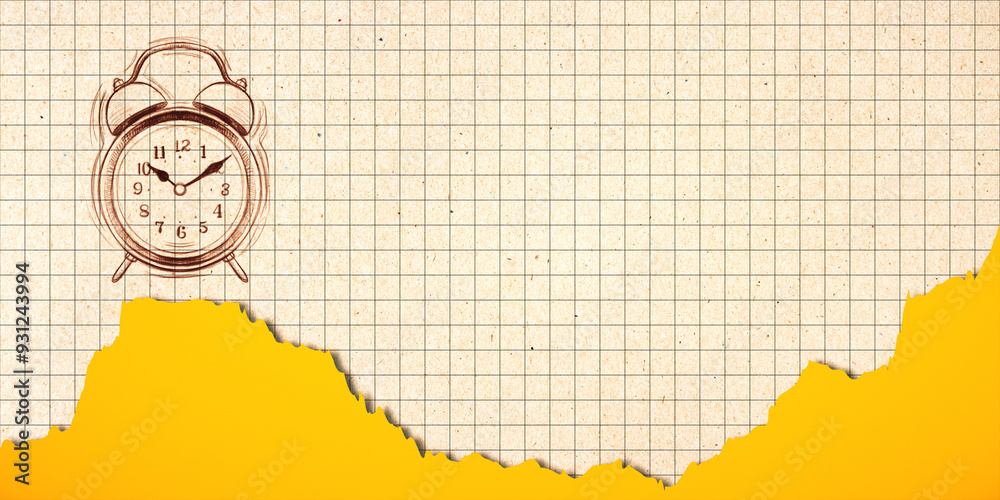 Aufkleber Abstract drawn alarm on yellow grid copybook background with mock up place. Back to school concept. 3D Rendering.