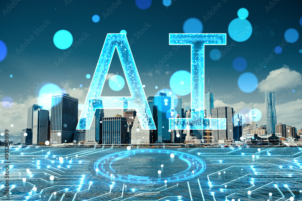 Poster Abstract glowing blue ai hologram on blurry bokeh circles city background. Artificial intelligence and digital learning concept. Double exposure.