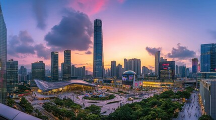 Fototapeta premium Cityscape with high-rise buildings and a pink sunset sky.