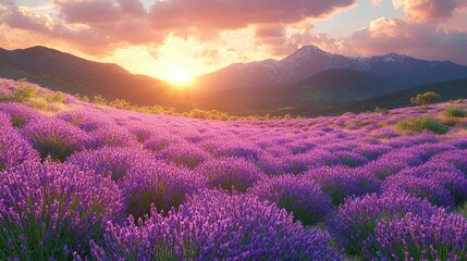 Lavender Blooming Field with Majestic Mountains, a vibrant expanse of lavender under warm sunlight, framed by towering mountains, creating a serene and picturesque landscape.