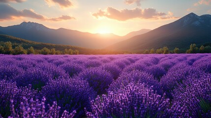 Lavender Serenity in Sunlit Meadows, a vibrant field of blooming lavender under golden sunlight, framed by majestic mountains in the distance, evoking peace and tranquility.
