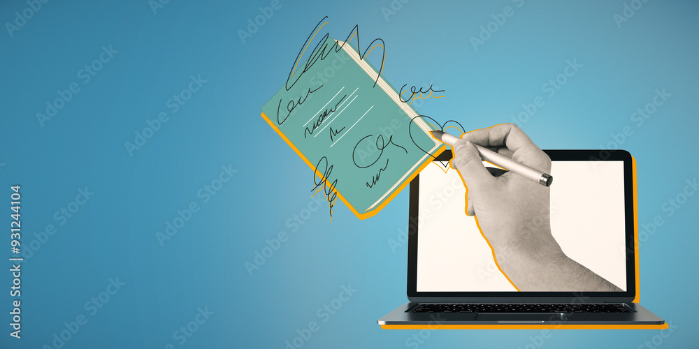 Poster Close up of hand writing in abstract drawn notepad on blue background with mock up place. Back to school and online education concept.
