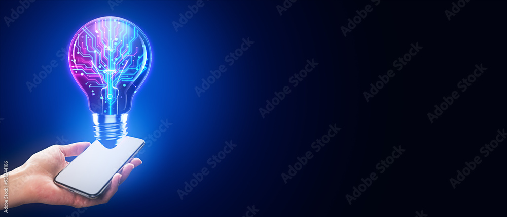 Poster close up of female hand holding smartphone with creative glowing blue circuit light bulb on wide dar