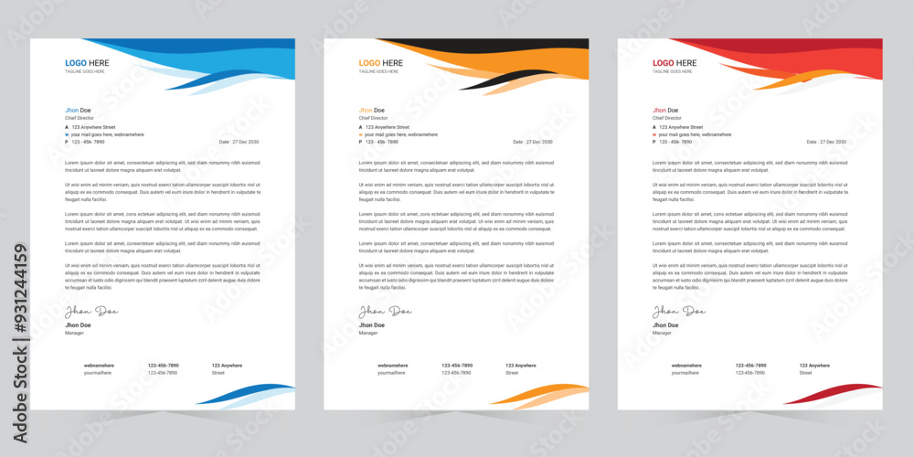 Canvas Prints professional letterhead design template with three color concepts, clean and modern letterhead