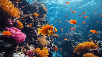 Obraz premium Vibrant Coral Reef Ecosystem, an underwater paradise teeming with colorful corals, diverse fish species, and dynamic marine life, showcasing the beauty of ocean biodiversity.