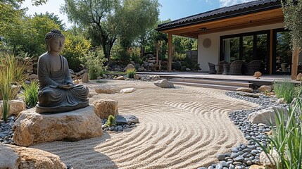 Obraz premium Tranquil Zen Garden, serene landscape featuring meticulously raked sand, elegant stone statues, harmonious arrangement promoting relaxation and mindfulness in a calming environment