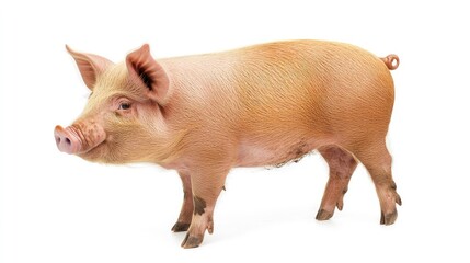 Fototapeta premium A pink piglet with a curled tail standing on a white background.