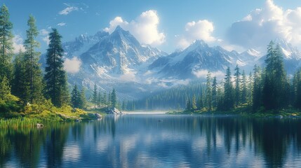 Tranquil Lake Amidst Majestic Pines and Distant Peaks, a peaceful body of water embraced by lush greenery and rugged mountains, offering a perfect escape into nature's beauty