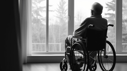 Picture of lonely elderly man looks sad in the retirement home while sitting in the wheelchair. Neural network ai generated art